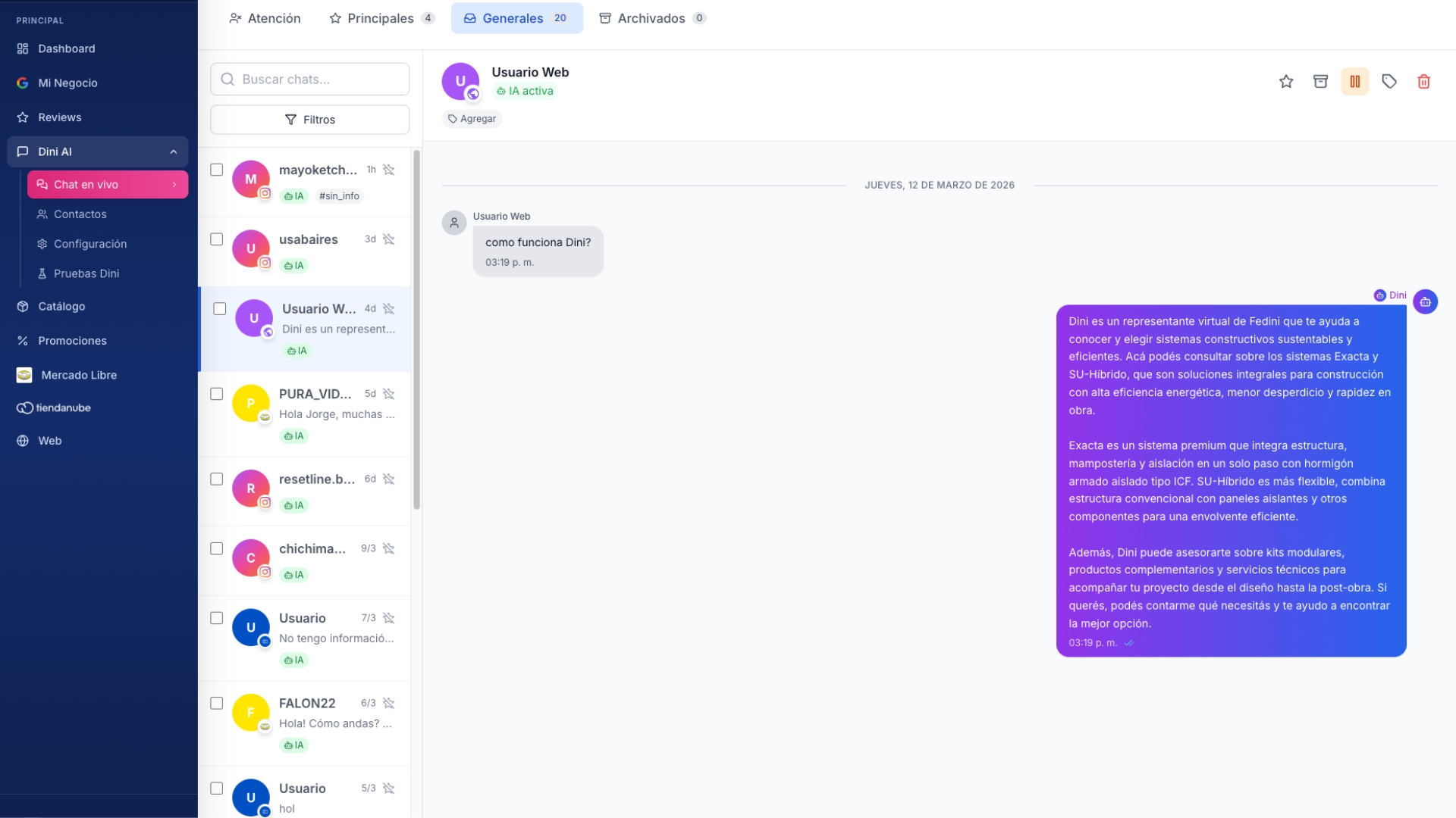 Panel de control Dini IA — Centro de comando omnicanal