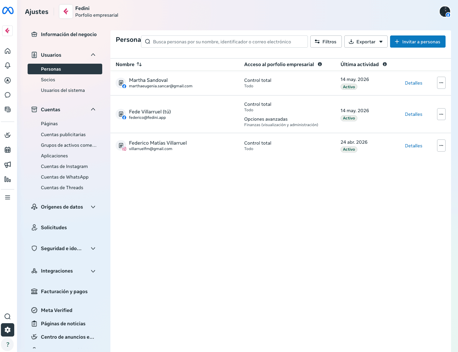 Pantalla de Personas en Meta Business Manager