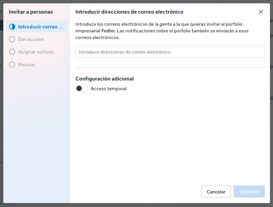 Campo para ingresar el correo electrónico en Meta Business