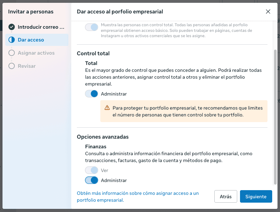 Pantalla de Control total en Meta Business Manager