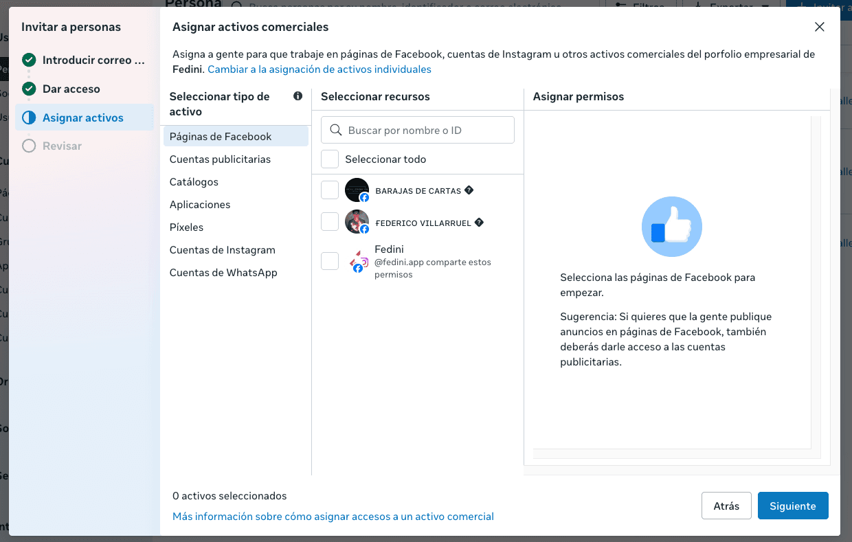 Pantalla de Asignar activos comerciales en Meta Business Manager